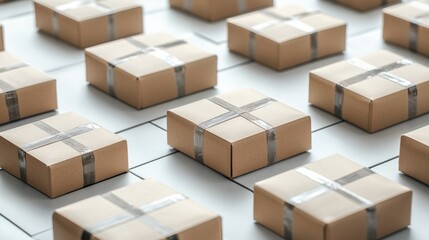 Fototapeta premium Close-up of numerous uniform cardboard boxes with packing tape arranged in neat rows on a white surface for storage or shipping purposes