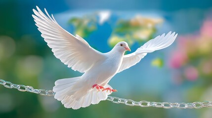 Fototapeta premium Trade war escalation a dove trapped in economic chains flying over a wall symbolizing global tensions