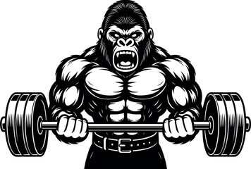 Gorilla Weightlifting vector black silhouette print design