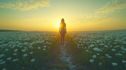 Fototapeta premium Silhouetted woman walking through daisy field at sunset.