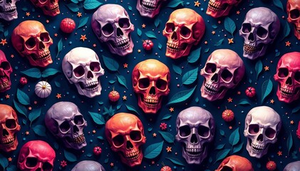 Creepy seamless skulls pattern for Halloween wrapping paper, horror, festive, bones