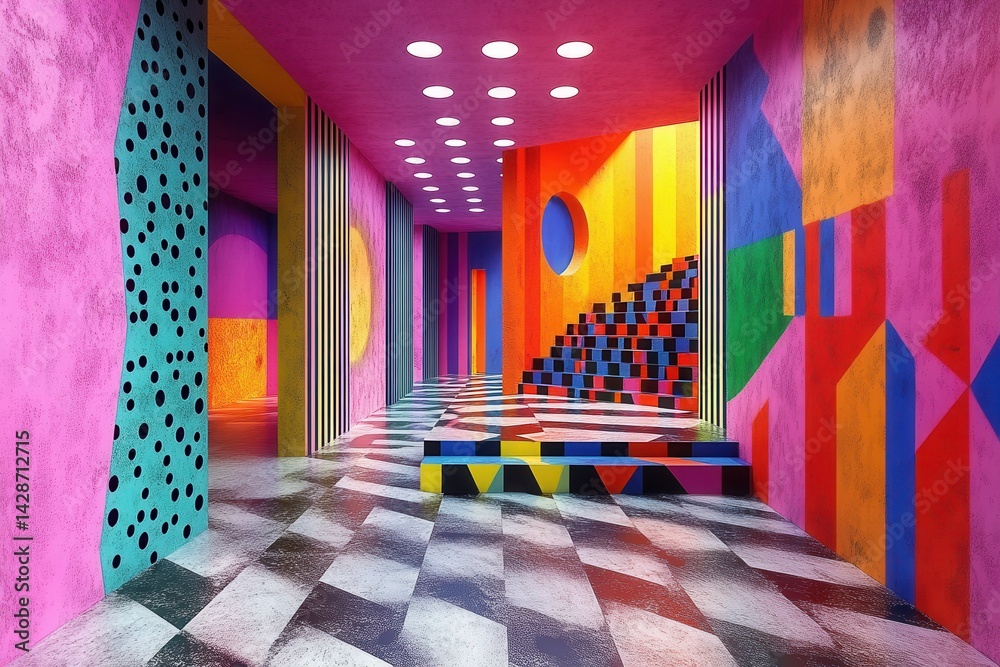 Aufkleber vibrant and colorful interior design featuring bold patterns and geometric shapes in a modern archit