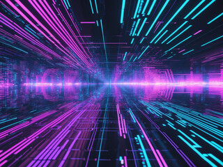 Abstract digital background with vibrant neon lines and geometric patterns converging to a central light.