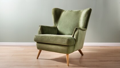 elegant pale green velvet armchair with wooden legs