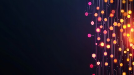 A vibrant abstract design featuring colorful lights connected by lines, evoking a digital or technological theme.