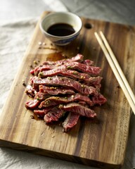 Juicy grilled beef slices served with dipping sauce and chopsticks on a wooden cutting board
