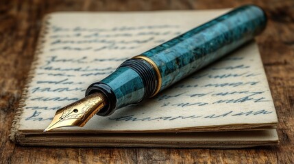 Teal fountain pen rests on vintage notebook filled with elegant cursive handwriting on rustic wooden surface.