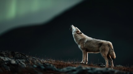 A wolf howls on a rocky terrain under the aurora borealis in a dramatic night landscape.