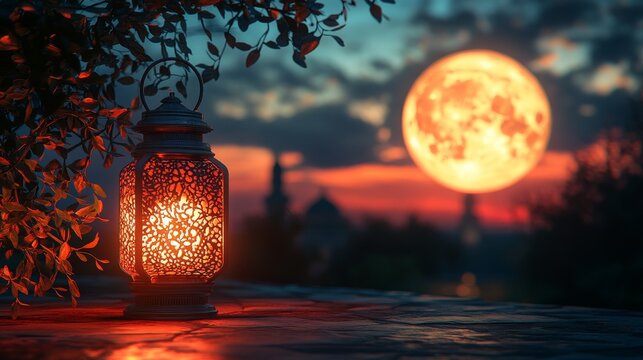 Ornate lantern glows at sunset with a large full moon and distant cityscape.