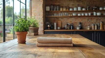 Rustic kitchen table with folded towels, herbs, and sunlit background.