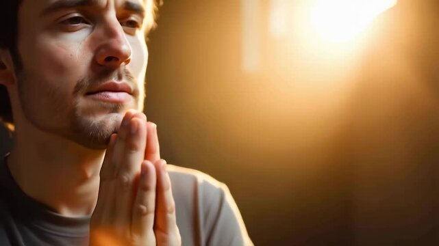 A young man prays to our Lord, his hands together in prayer