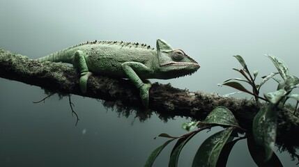 A green chameleon rests on a moss-covered branch in a natural environment, showcasing its textured skin and unique shape.
