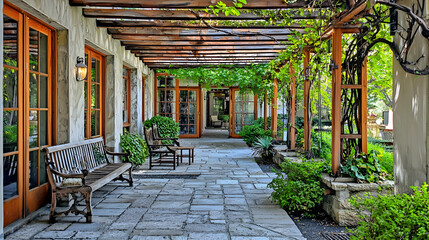 Rustic Patio Under Pergola With Wooden Beams And Plants