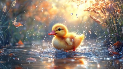 Cute fluffy duckling splashing in a pond at sunset.