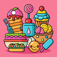 Colorful and playful cartoon dessert illustration against a vibrant pink background