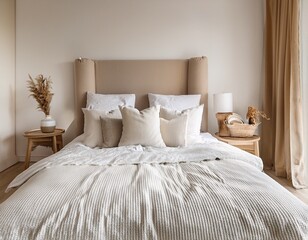 cozy modern bedroom with neutral white and cream pillows on bed minimalist country interior
