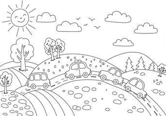 Three cartoon cars driving on a hilly road with trees, clouds, and a smiling sun in a playful travel coloring book illustration