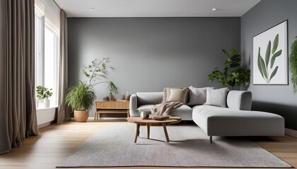 Fototapeta premium empty gray wall serves as a focal point in a calming nordic inspired living space