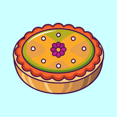 Cartoon illustration of a colorful pie with flower and dot decorations