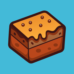 Delicious Isometric Cartoon Brownie with Caramel Topping on a Blue Background