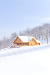 Snow-covered chalet on a hill, winter landscape