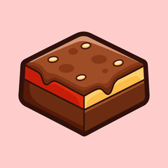 Isometric chocolate layered dessert with nuts on top against pink background illustration