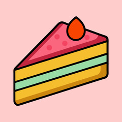 Cartoon slice of cake with strawberry topping and orange drip