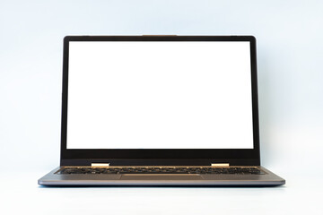 Mock up of modern laptop with white empty screen on blue background