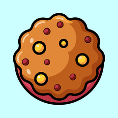 Cartoon Chocolate Chip Cookie with Yellow and Red Chips on Light Blue Background