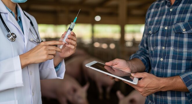 Veterinarian and Farmer Inspecting Pig Vaccination with Digital Tablet in a Barn - Powered by Adobe