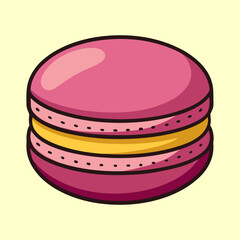 Cute and colorful stylized illustration of a pink macaron dessert on pastel background
