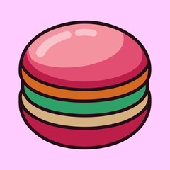 Cartoon illustration of a colorful layered macaroon pastry on a pink background