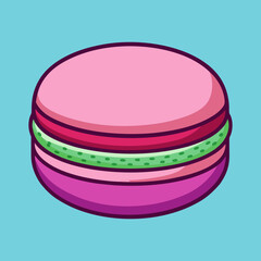 Stylized cartoon illustration of a colorful, threelayer macaroon on blue background