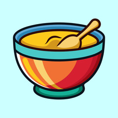 Cartoon depiction of a colorful bowl of soup with a wooden spoon