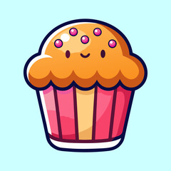 Cute Smiling Cupcake with Pink Sprinkles on a Light Blue Background