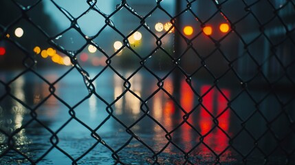 Rainy night city lights blurred through a wet chain link fence.