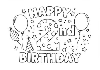 Happy 2nd Birthday with polka dot number, balloons, stars and confetti in a playful toddler-themed coloring book line art illustration