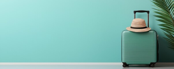 A stylish green suitcase with a straw hat rests against a turquoise wall, complemented by a leafy plant, evoking a sense of travel and relaxation.