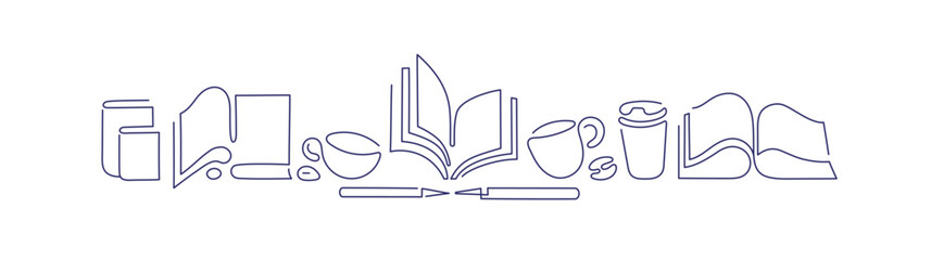 Abstract book, cup of coffee, glass of tea. Line