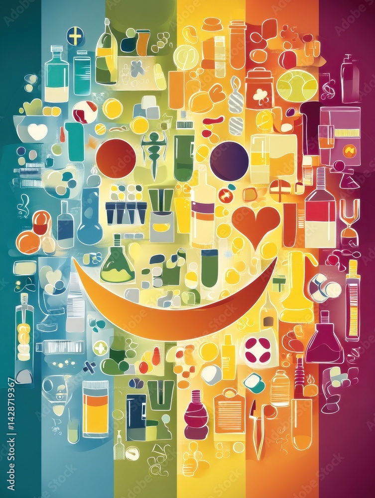 Poster creative design featuring a smiling face constructed from wellness icons on a vivid background, symb