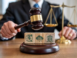 Judge Gavel and Wooden Blocks Representing Climate Change Lawsuit