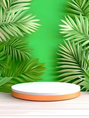 Tropical product display, round podium with palm leaves on green background