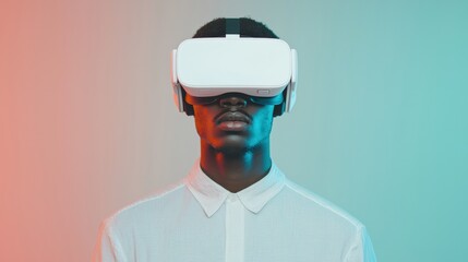 Young man experiencing virtual reality with vr headset in colorful neon light