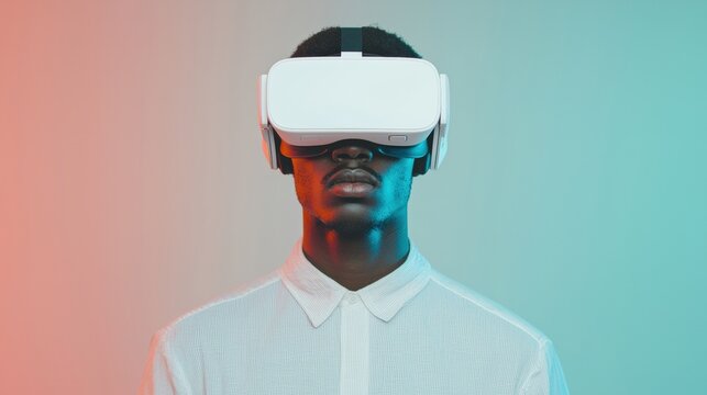 Young man experiencing virtual reality with vr headset in colorful neon light