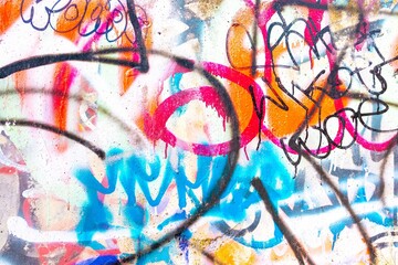 Graffiti pattern with neon pink, blue, orange on wall. Urban 90s street art, trippy, vibrant lines. Posters, backgrounds, modern digital art, creative banners.