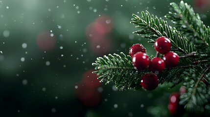 Christmas Pine Branch With Red Berries In Winter Scene