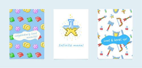 Set of three cards featuring gems, mana potions and medieval weapons in pixel art style