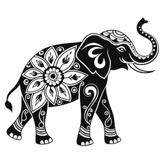 Ornate elephant silhouette intricate floral patterns mandala designs, black and white illustration