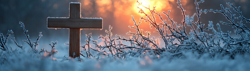 Obraz premium wooden cross with dawn light through bare branches,