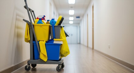 Cleaning cart with supplies in a bright hallway, commercial cleaning, janitorial service, housekeeping, cleaning products.